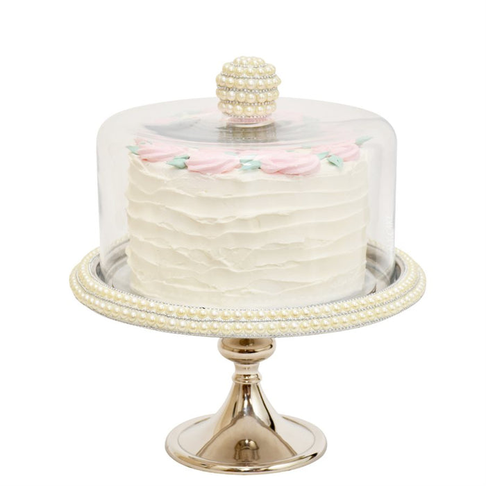 11 inch silver cake stand with glass dome and pearl trim detail