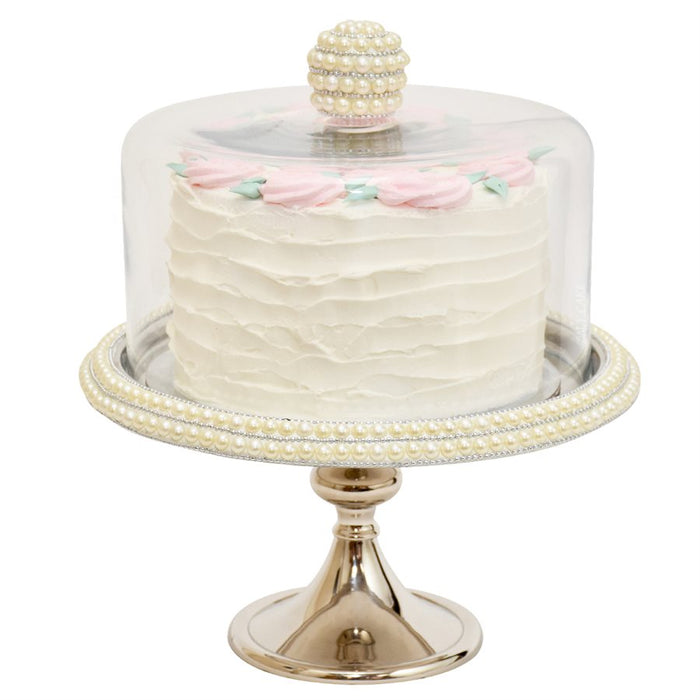 12.25 inch silver pearl cake stand with glass dome for dessert display