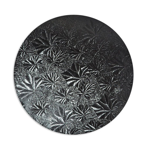 12 inch black round cake drum board with embossed finish and 1/2 inch thick construction for cake support and bakery displays.