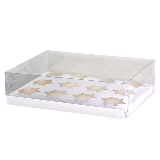 Clear window cupcake box with white ribbon and 12 cavity insert for standard cupcakes, bakery packaging, gifting, parties, weddings, and dessert displays.