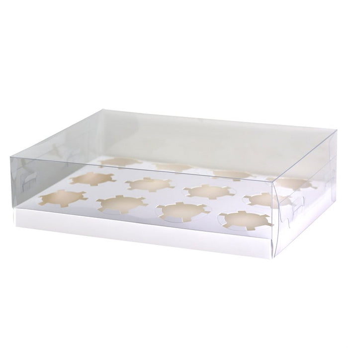 Clear window cupcake box with white ribbon and 12 cavity insert for standard cupcakes, bakery packaging, gifting, parties, weddings, and dessert displays.