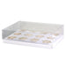 Clear window cupcake box with white ribbon and 12 cavity insert for standard cupcakes, bakery packaging, gifting, parties, weddings, and dessert displays.