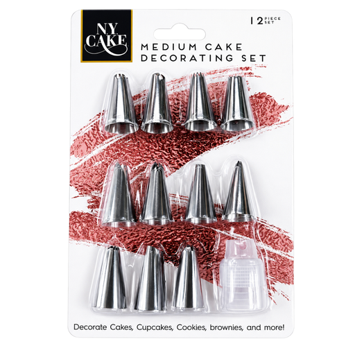 NY Cake Medium Cake Decorating Set in a blister pack, containing 10 silver metal piping tips and a clear plastic spatula on a white backing card with red decorative scribbles.