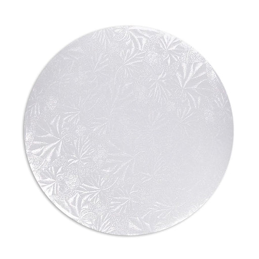 12 inch white round cake drum board with embossed finish and 1/2 inch thick construction for cake support and bakery displays.