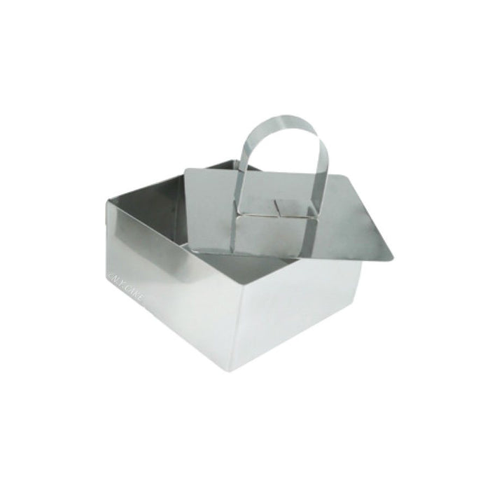 Square stainless steel mousse mold 2 5/8 inch with press insert for layered desserts and pastry presentation