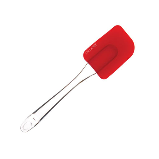 Red mini silicone rubber spatula with clear handle for baking, mixing, frosting, scraping bowls, and kitchen cooking tasks.