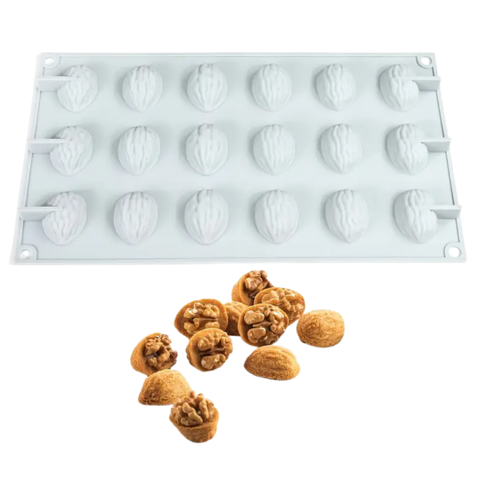 18-cavity walnut-shaped silicone baking mold for chocolates, candies, mini cakes and desserts.