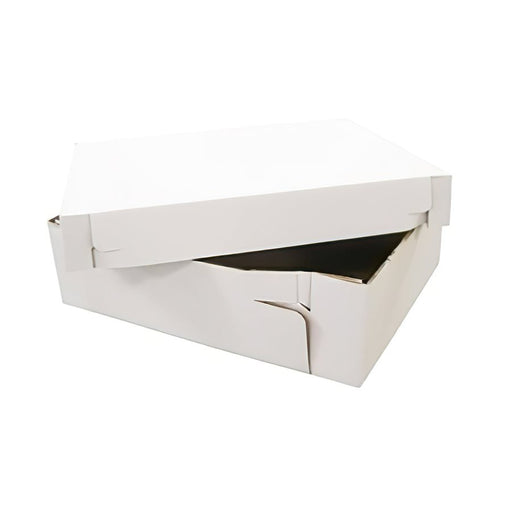 Heavy-duty 18 x 18 x 7 inch white corrugated two-piece cake box for transporting large cakes, cupcakes, pastries, and bakery desserts.