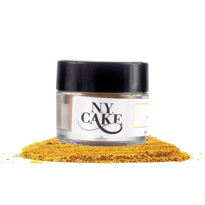 NY Cake 24K Gold 100% Edible Highlighter Dust in a jar with shimmering metallic gold powder for cake, chocolate, fondant, and cookie decorating.