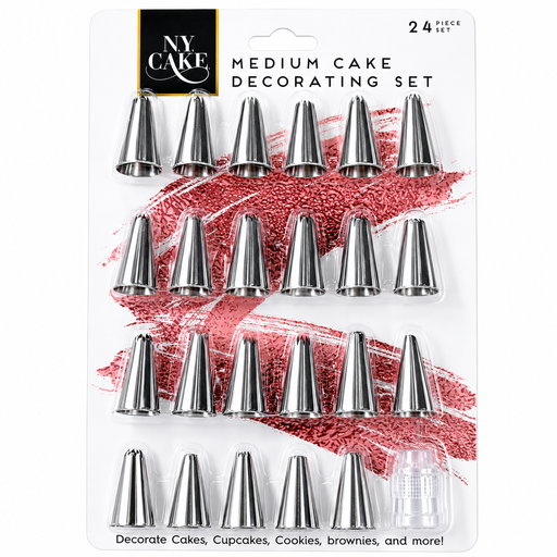 NY Cake 2-piece medium cake decorating set in a clear blister pack with 16 metal piping tips and a small clear spatula, shown on a white background with red sprinkles graphics.