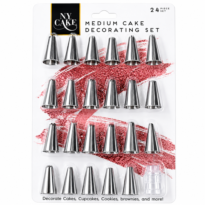 NY Cake 2-piece medium cake decorating set in a clear blister pack with 16 metal piping tips and a small clear spatula, shown on a white background with red sprinkles graphics.