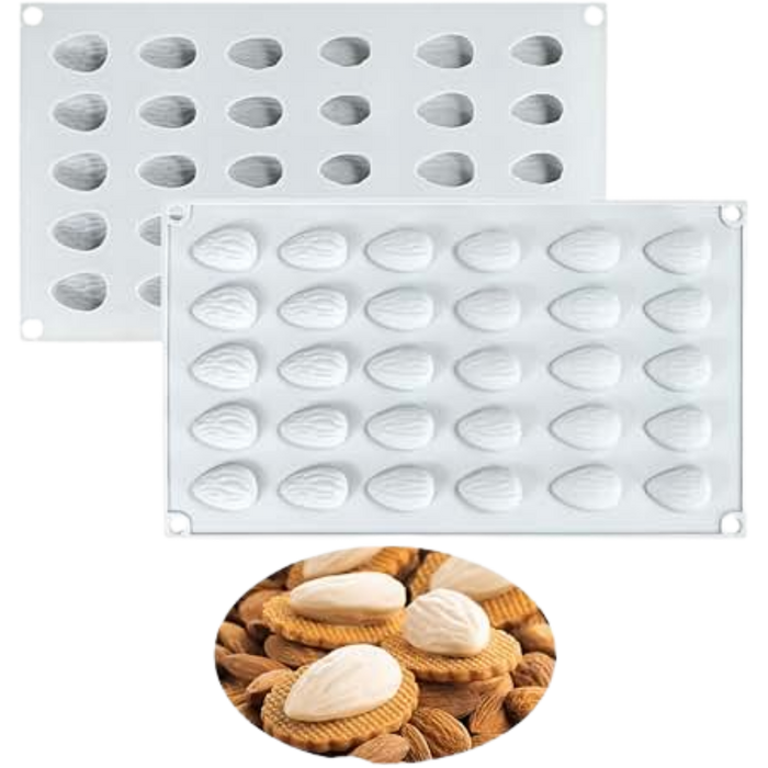White 30-cavity silicone baking mold for making almond-shaped chocolates, candies and mini desserts.