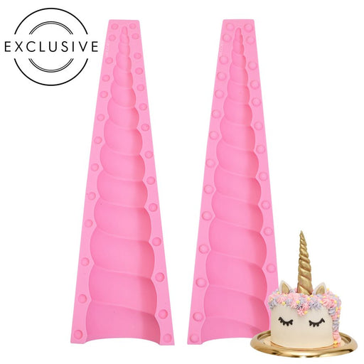Large pink 12-inch unicorn horn silicone mold for creating 3D unicorn cake toppers using fondant, gum paste, chocolate, marzipan, and sugar paste decorations.