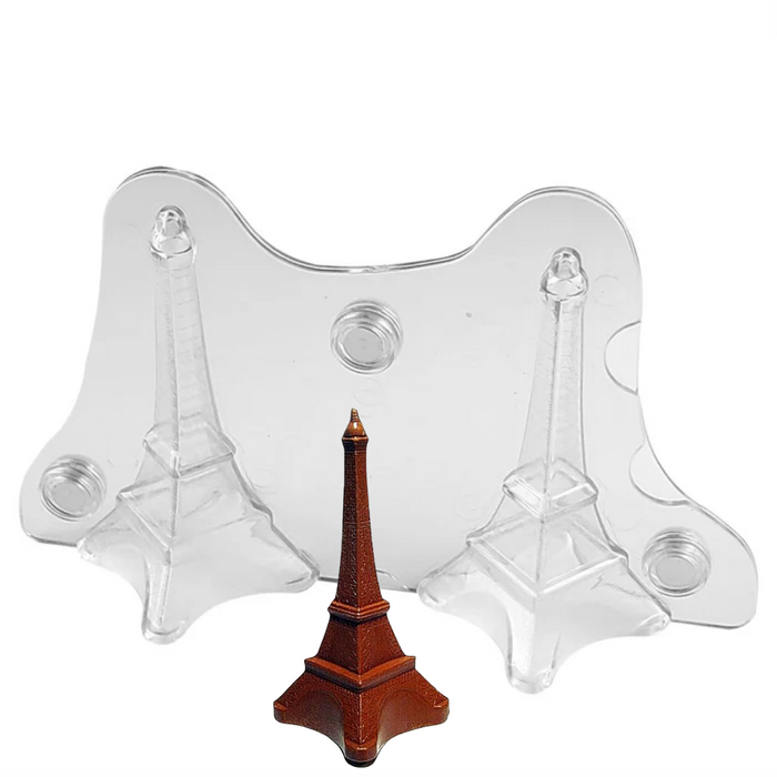 Clear plastic stand with Eiffel Tower model on a white background