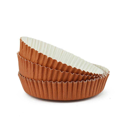 Novacart 3 1/2 x 3/4 inch disposable tart paper baking mold with brown exterior and gold interior for baking and serving individual tarts and desserts