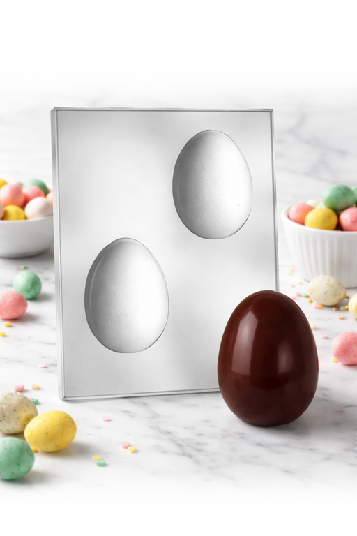 3D egg chocolate mold with finished chocolate egg for Easter candy making