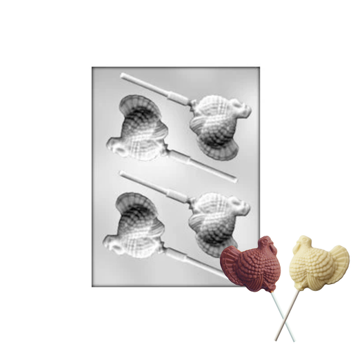 4-cavity turkey lollipop chocolate candy mold with 2 3/4-inch turkey-shaped cavities for Thanksgiving treats.