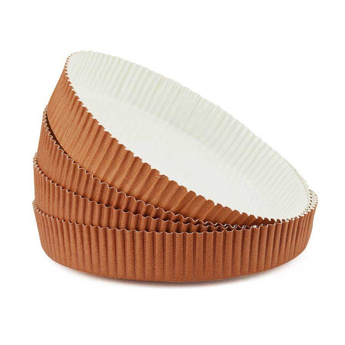 Novacart 4¾ inch tart paper baking mold with brown exterior and gold floret design for baking, serving and displaying tarts and desserts