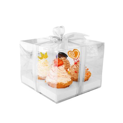Clear window cupcake box with white ribbon and 4 cavity insert for standard cupcakes, bakery packaging, gifting, parties, weddings, and dessert displays.