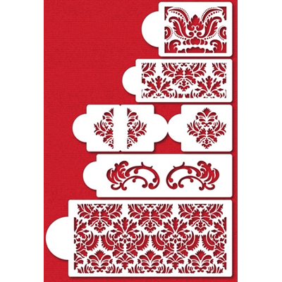 5 Tier Damask cake stencil set with five decorative patterns