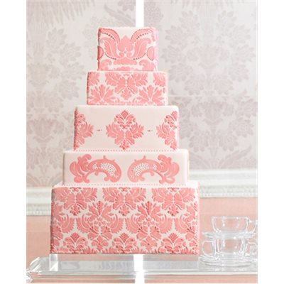Five-tier wedding cake decorated with Damask cake stencil patterns