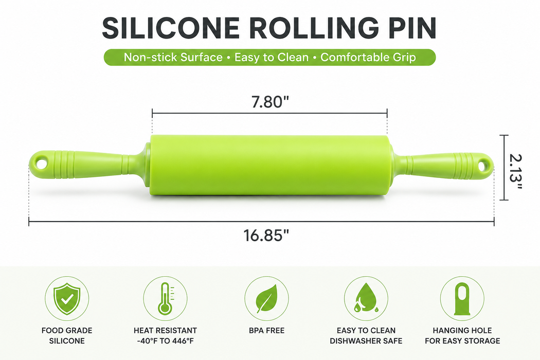 8 inch silicone rolling pin with plastic handles for fondant, cookie dough, pie crusts, pastry dough, and cake decorating