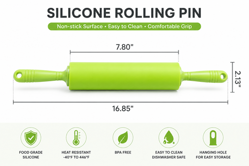 8 inch silicone rolling pin with plastic handles for fondant, cookie dough, pie crusts, pastry dough, and cake decorating