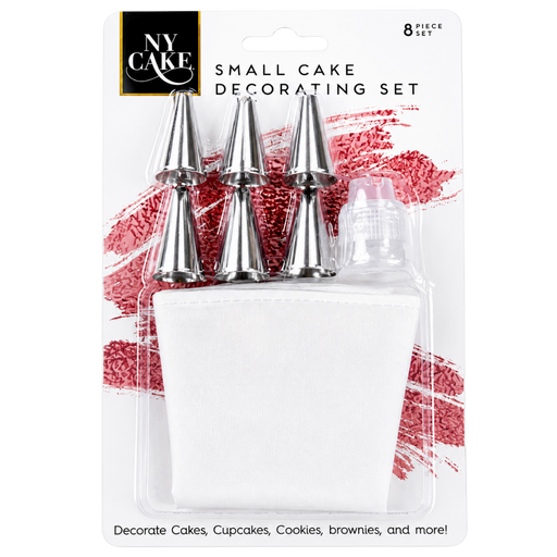NY Cake Small Cake Decorating Set in blister packaging, containing four silver metal piping tips, a white pastry bag, and a small clear plastic squeeze bottle on a white background.