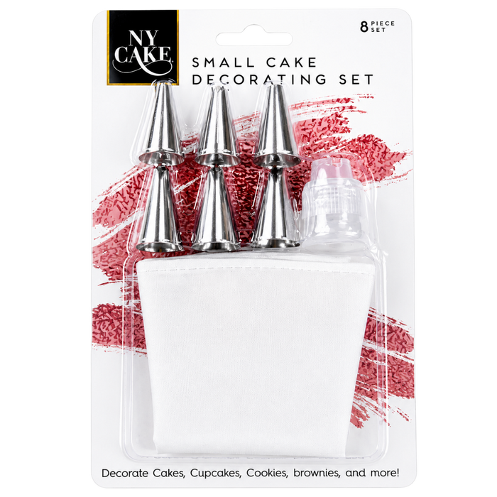 NY Cake Small Cake Decorating Set in blister packaging, containing four silver metal piping tips, a white pastry bag, and a small clear plastic squeeze bottle on a white background.