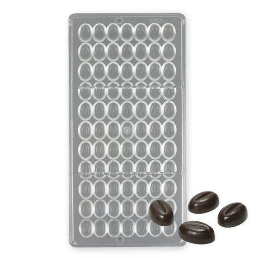 77-cavity coffee bean polycarbonate chocolate mold for making realistic coffee bean-shaped chocolates.