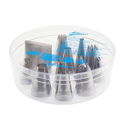Ateco 12 piece large pastry tube decorating set with stainless steel piping tips, cleaning brush, and storage container for cake and pastry decorating.