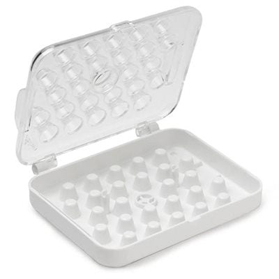 Ateco plastic decorating tube storage box designed to hold 26 small piping tips and couplers for organized cake decorating storage.