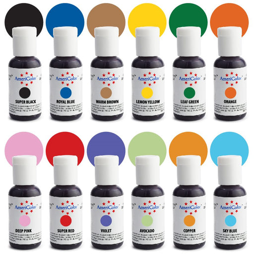AmeriColor Airbrush food coloring kit with 12 vibrant decorating colors for cake decorating, cookies, fondant, chocolates, and bakery airbrushing.