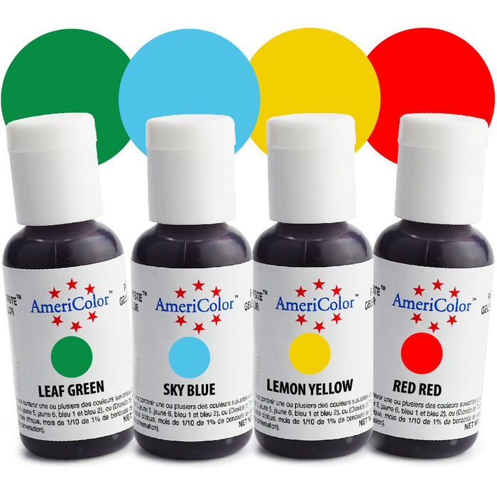 AmeriColor Airbrush food coloring kit with 4 vibrant colors for cake decorating, cookies, fondant, buttercream, chocolates, and bakery airbrushing.