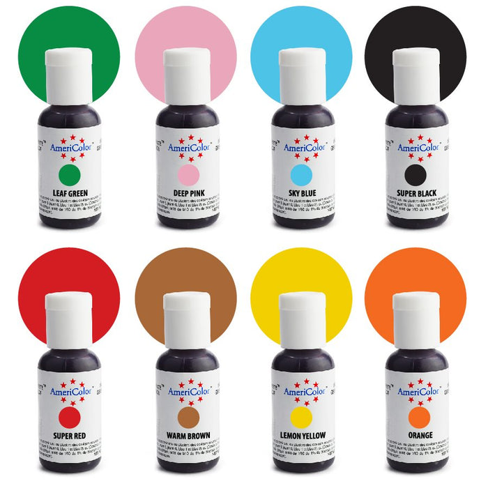 AmeriColor Airbrush food coloring kit with 8 vibrant colors for cake decorating, fondant, cookies, buttercream, chocolates, and bakery airbrushing.
