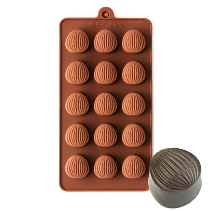Brown silicone mold with 8 almond-shaped cavities for making chocolates, bon bons, truffles, gummies, and fondant decorations.
