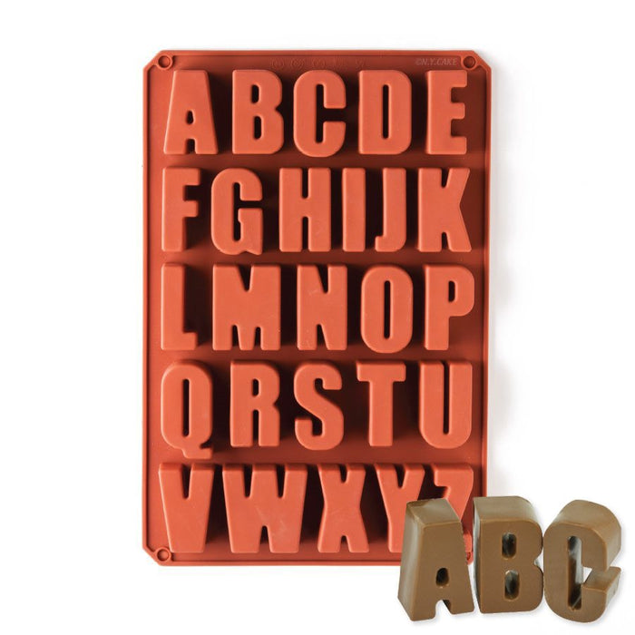 26-cavity alphabet silicone baking mold with letters A through Z for making personalized cakes, chocolates and desserts.