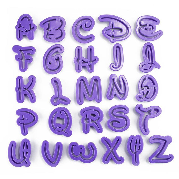 Purple alphabet cookie cutter set with 26 uppercase letters A through Z, 2-inch BPA-free plastic cutters for cookies, fondant and cake decorating.