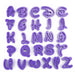 Purple alphabet cookie cutter set with 26 uppercase letters A through Z, 2-inch BPA-free plastic cutters for cookies, fondant and cake decorating.