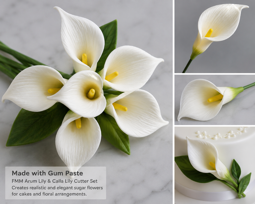 White calla lily and arum lilac gum paste flower cutter set with green leaves, shown in a collage with close-up views and a usage example on a white cake. Text on the left reads 'Made with Gum Paste' and 'FMM Arum Lily & Calla Lily Cutter Set Creates realistic and elegant sugar flowers for cakes and floral arrangements.