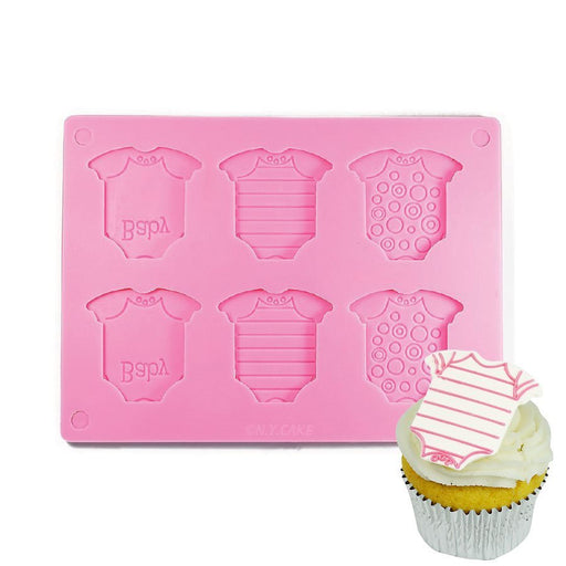 Pink silicone mold with six baby onesie cavities for creating baby shower chocolates, fondant decorations, cupcake toppers, and party treats.