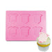 Pink silicone mold with six baby onesie cavities for creating baby shower chocolates, fondant decorations, cupcake toppers, and party treats.