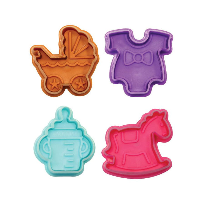 NY Cake baby shower fondant and pie cutter set with baby carriage, onesie, baby bottle and rocking horse cutters for cakes and cookies