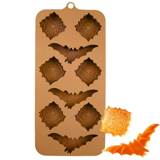 Brown silicone mold featuring bat and spider web cavities for making Halloween chocolates, candies, fondant decorations, and themed treats.