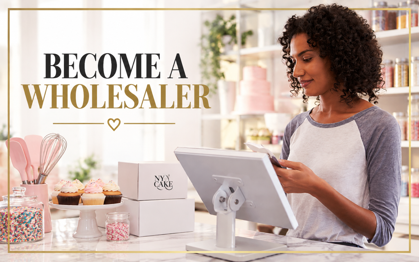 NY Cake wholesale banner featuring a bakery owner at checkout with NY Cake boxes, cupcakes, sprinkles, and baking tools.