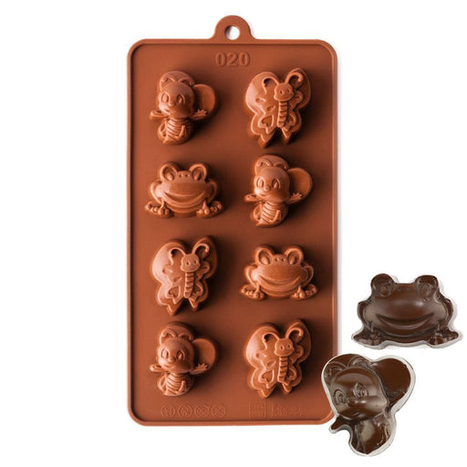 Brown silicone mold with bee, butterfly, and frog cavities for making chocolates, candies, fondant decorations, and themed treats.