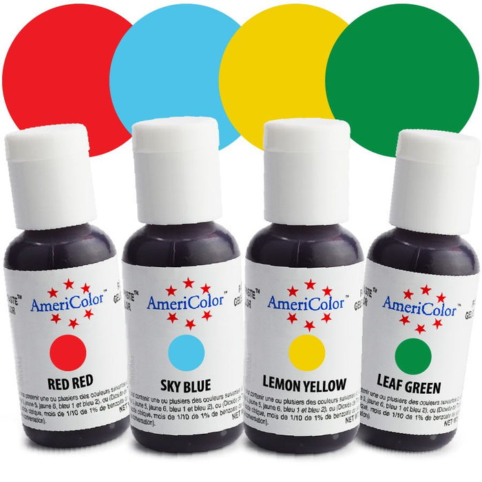 AmeriColor Beginner Soft Gel Paste food coloring kit with Sky Blue, Lemon Yellow, Leaf Green, and Red Red decorating colors.