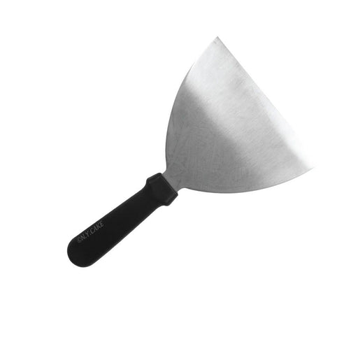 Stainless steel bench scraper with long handle for cutting dough, scraping work surfaces, and professional baking tasks.