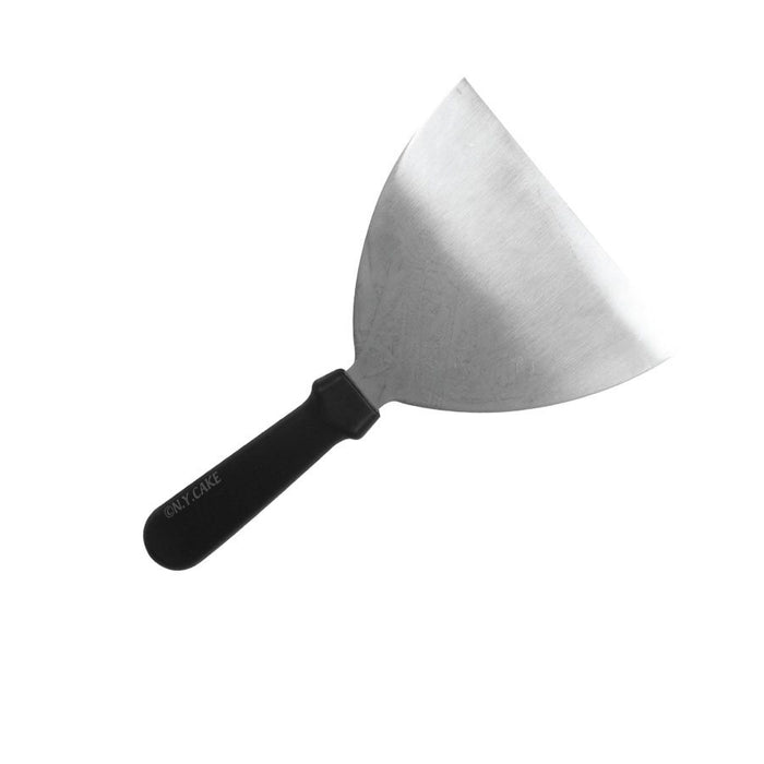 Stainless steel bench scraper with long handle for cutting dough, scraping work surfaces, and professional baking tasks.