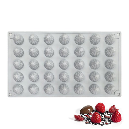 35-cavity silicone baking mold with detailed raspberry and berry shapes for chocolates, desserts, candies and cake decorations.